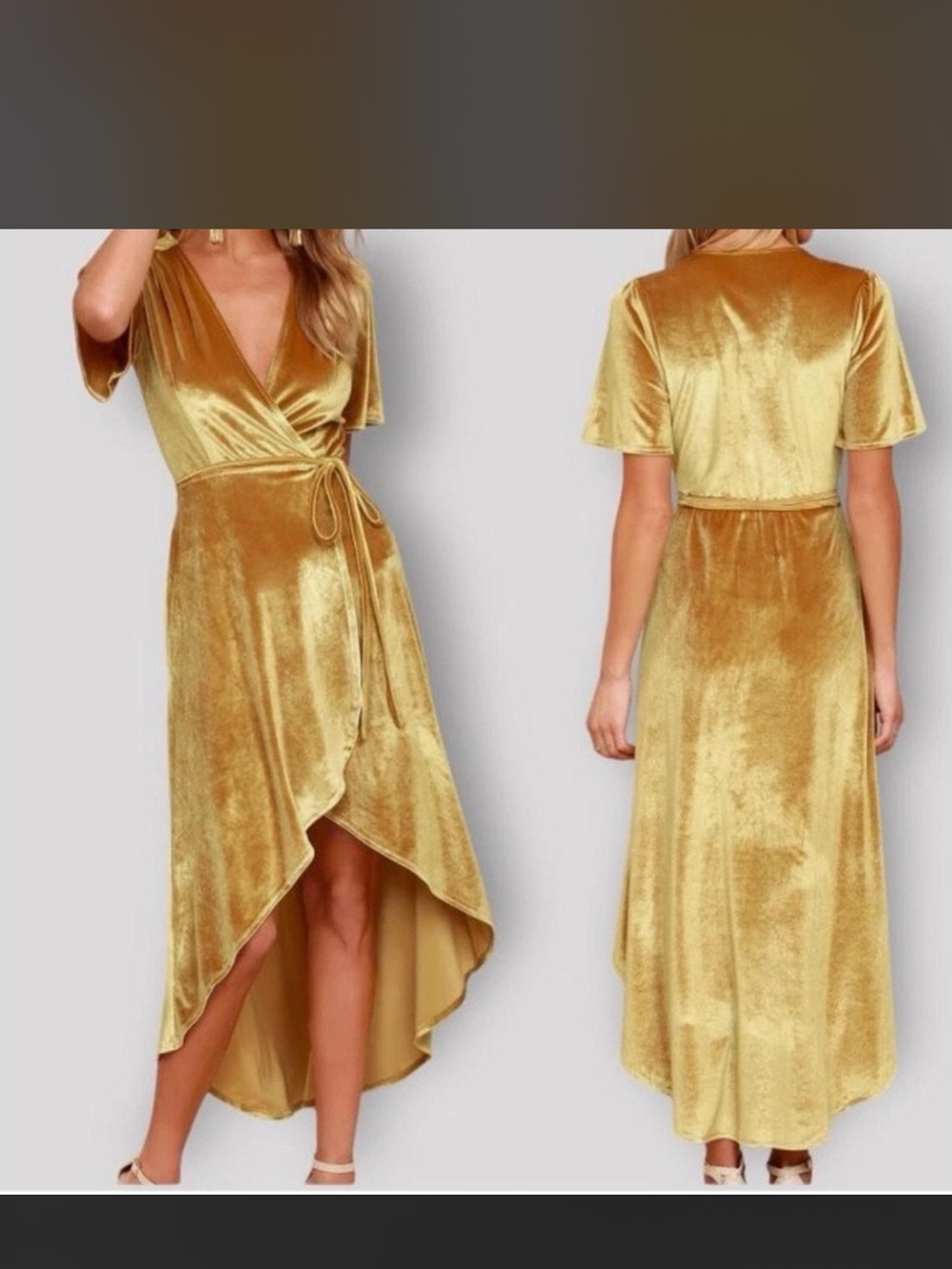 Lulu’s Golden Amour Velvet High Low Wrap Dress large fall winter formal wedding